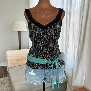 2000s Vintage Etcetera Silk Blue Paisley Black Lace Trim Blouse Women's Size 4